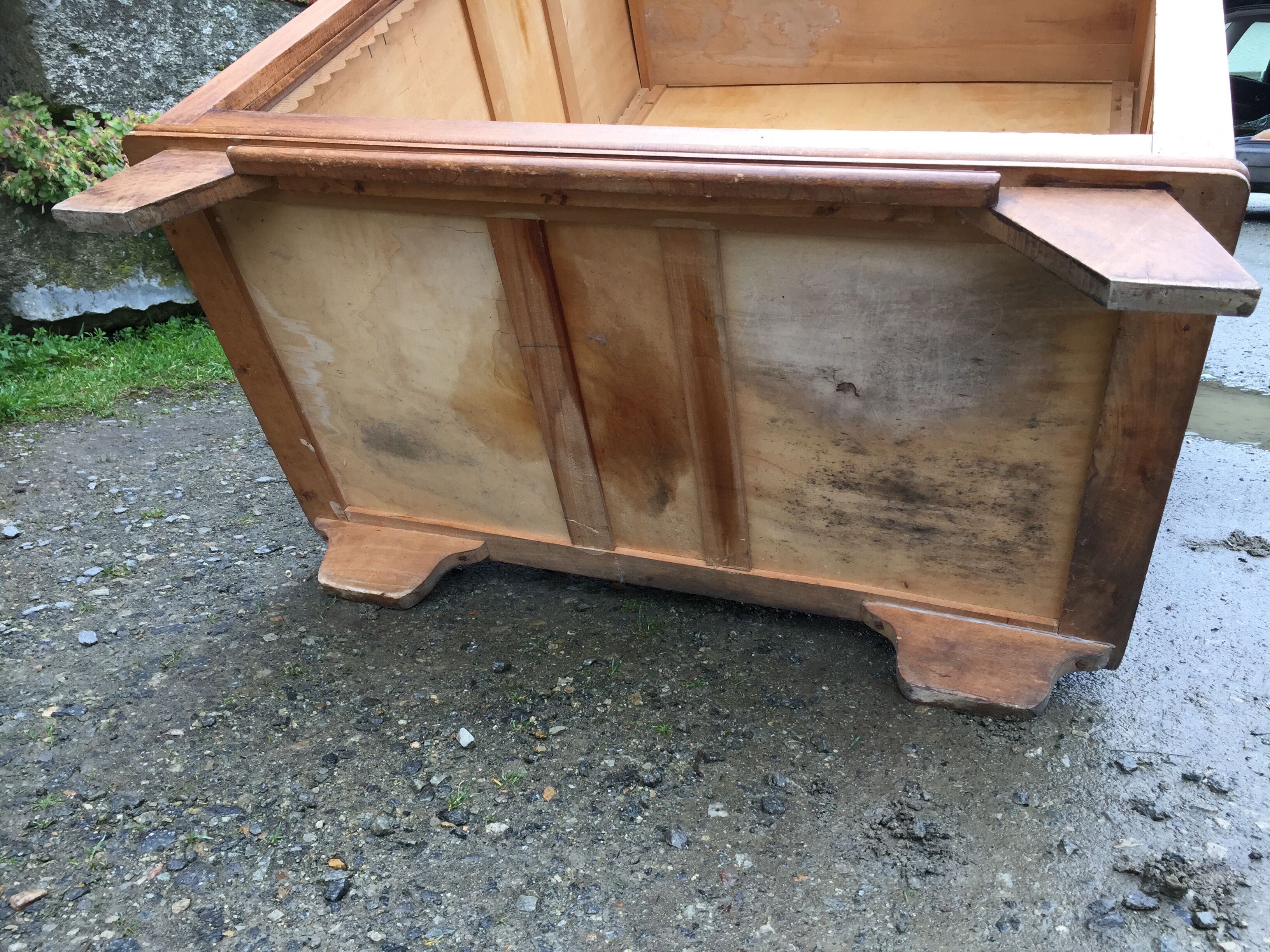 Vintage oak compass foot cabinet with 2 sliding doors painted red and blue