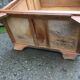 Vintage oak compass foot cabinet with 2 sliding doors painted red and blue