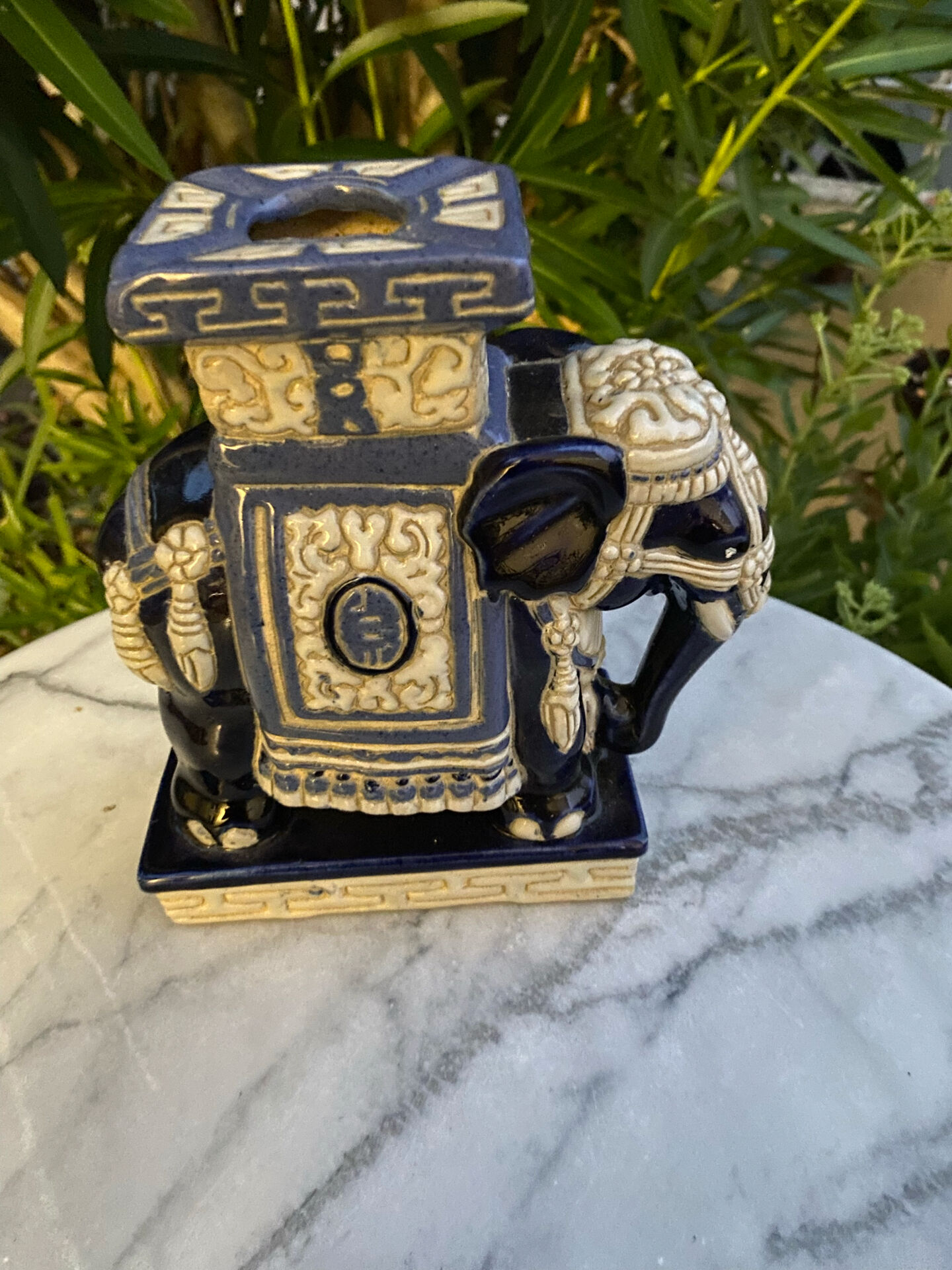 Vintage cobalt blue glazed ceramic elephant stool