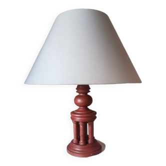 Lampe vintage abat-jour en tissus, pied à colonnade en bois