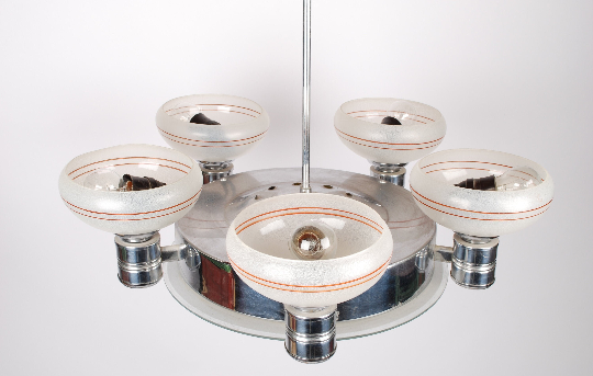 Art deco machine age style chandelier in chrome and frosted glass, 1940s