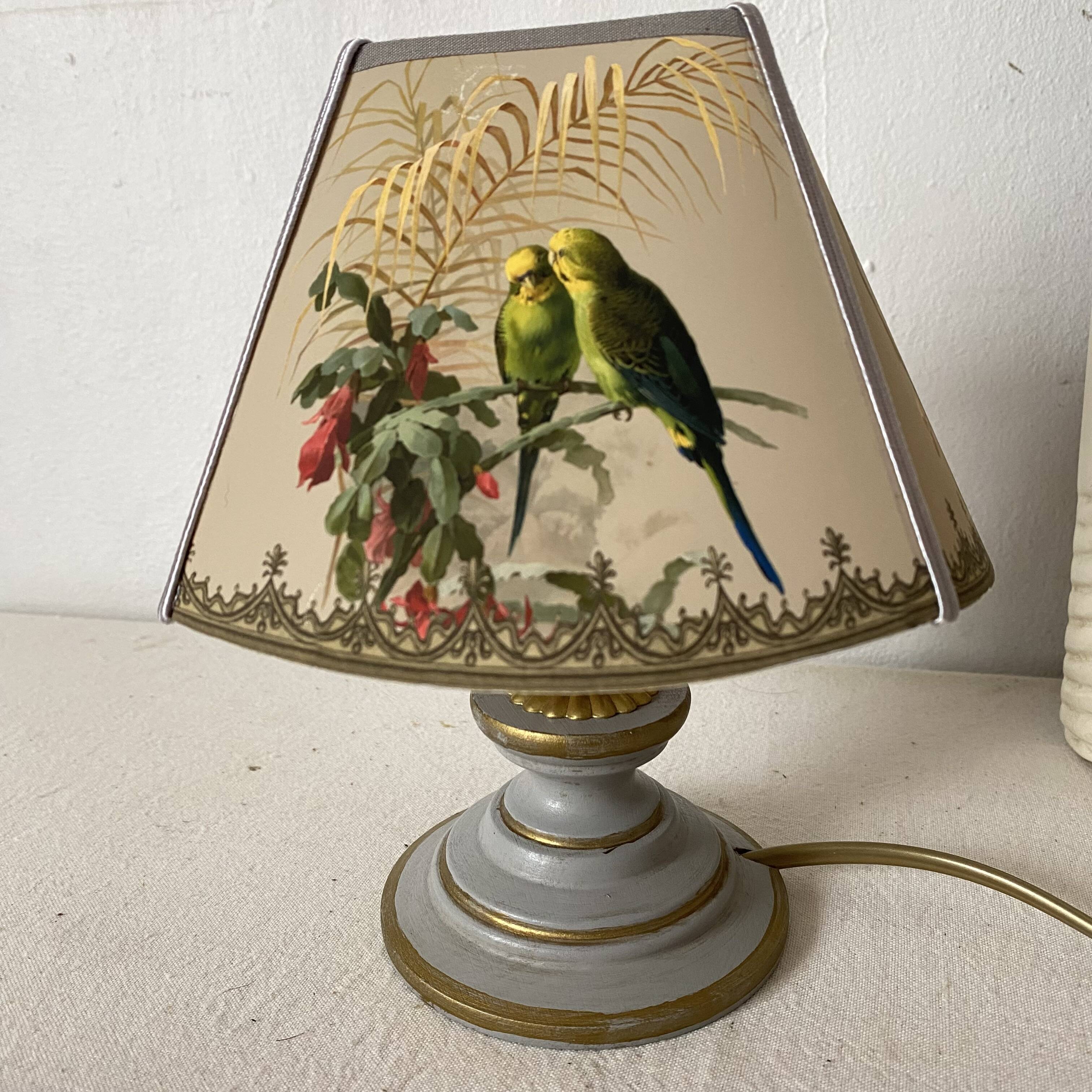Vintage lamp, Tillier parakeets and sparrows lampshade