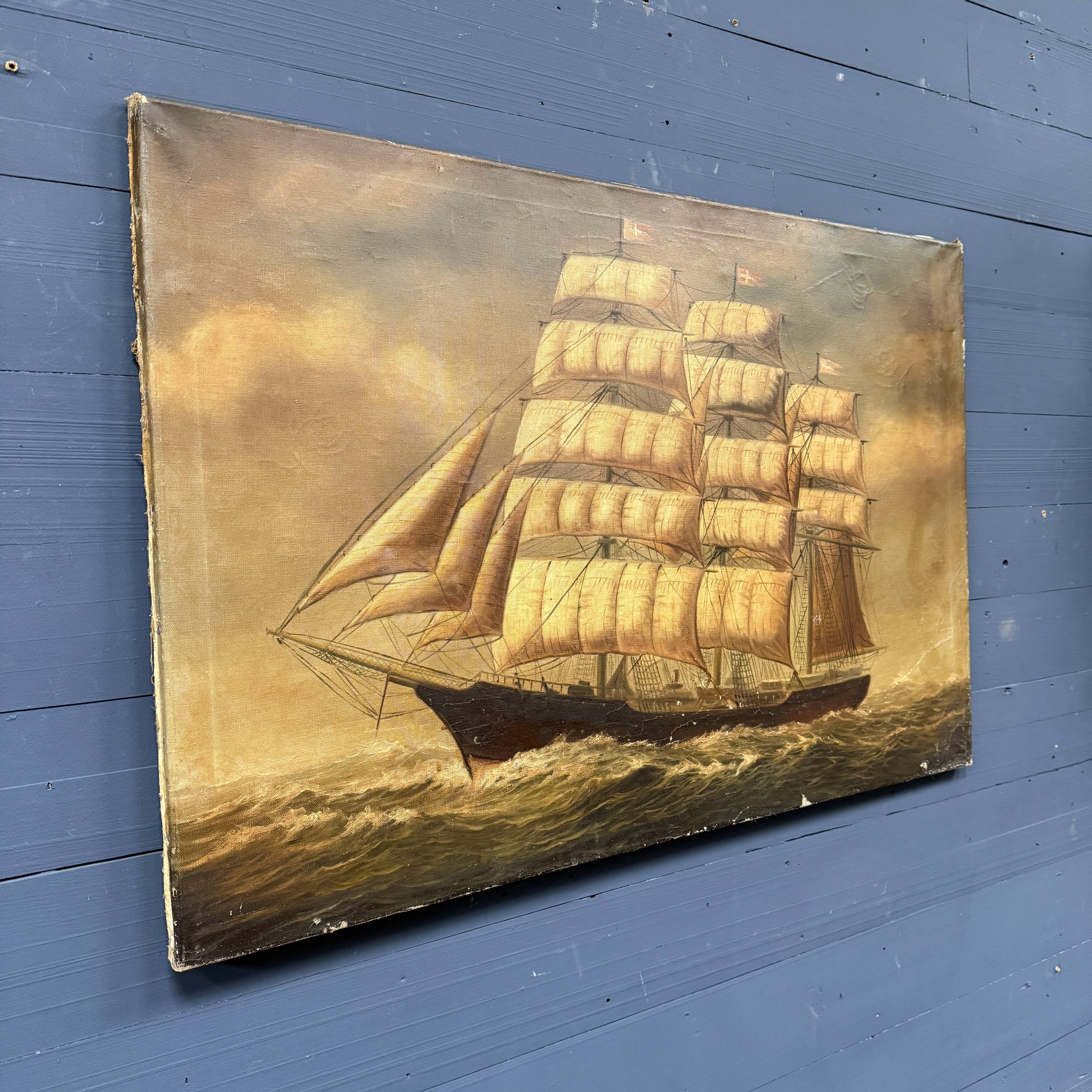 Large old oil painting of a ship