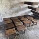Small brutalist bench with backrest and armrests in Asian blonde teak H67 L6