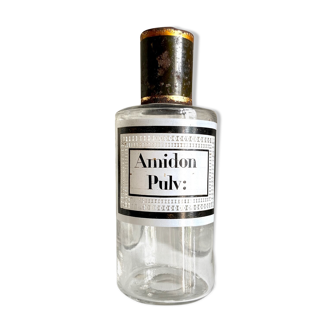 Amidon Pulv apothecary bottle: in transparent glass and green metal