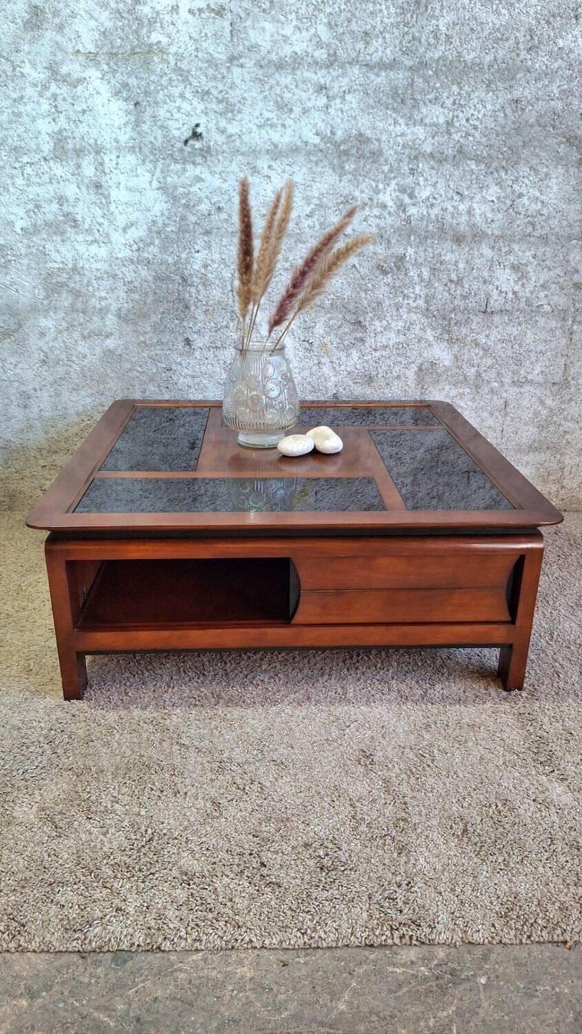 Table basse carrée bois massif plateau avec verre noir 100x100 cm