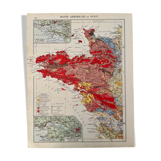 Old map of brittany côtes-d'armor armorican massif from 1945