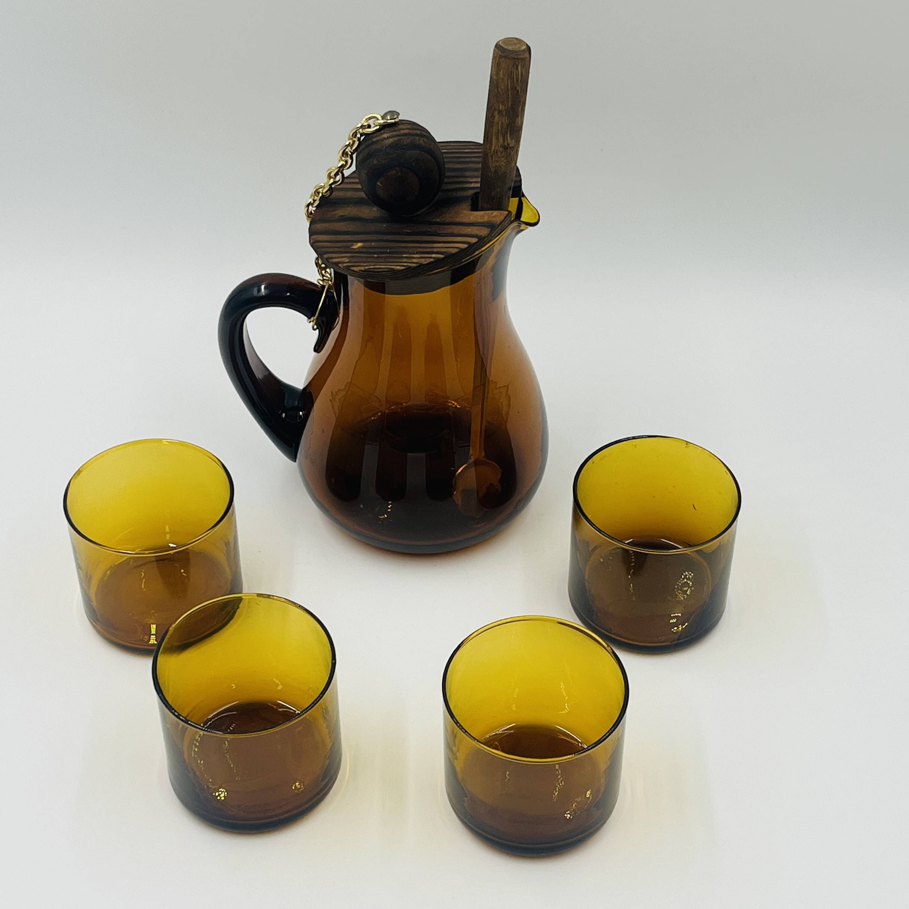 Vintage Sangria Service in Amber Glass and Wood