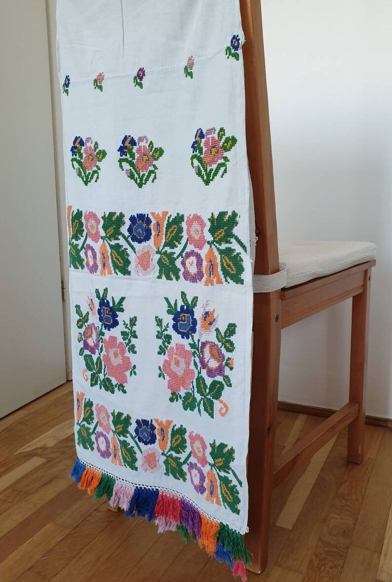 Old folk Romanian floral decorative towel with tassels, table runner, with rich cross stitched design made on home handmade cotton fabric
