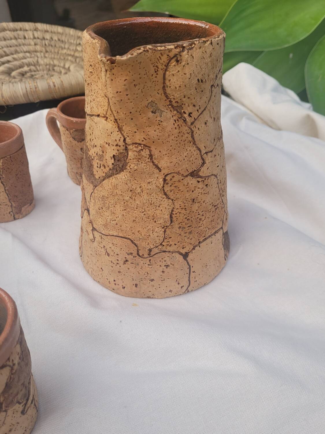 Set of old Corsican cork and terracotta handcrafted pitcher and cup