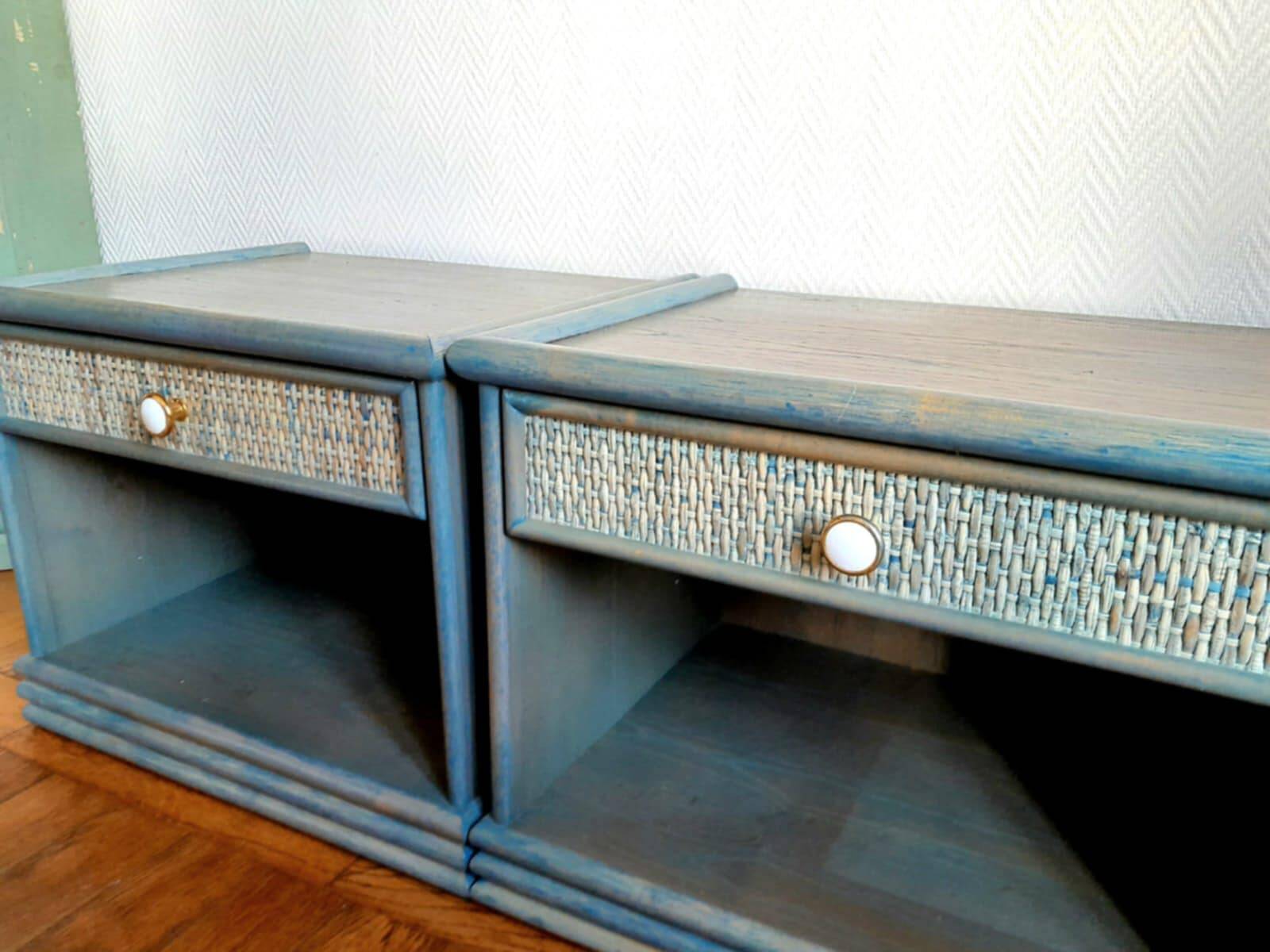 Pair of vintage Maugrion style rattan bedside tables.