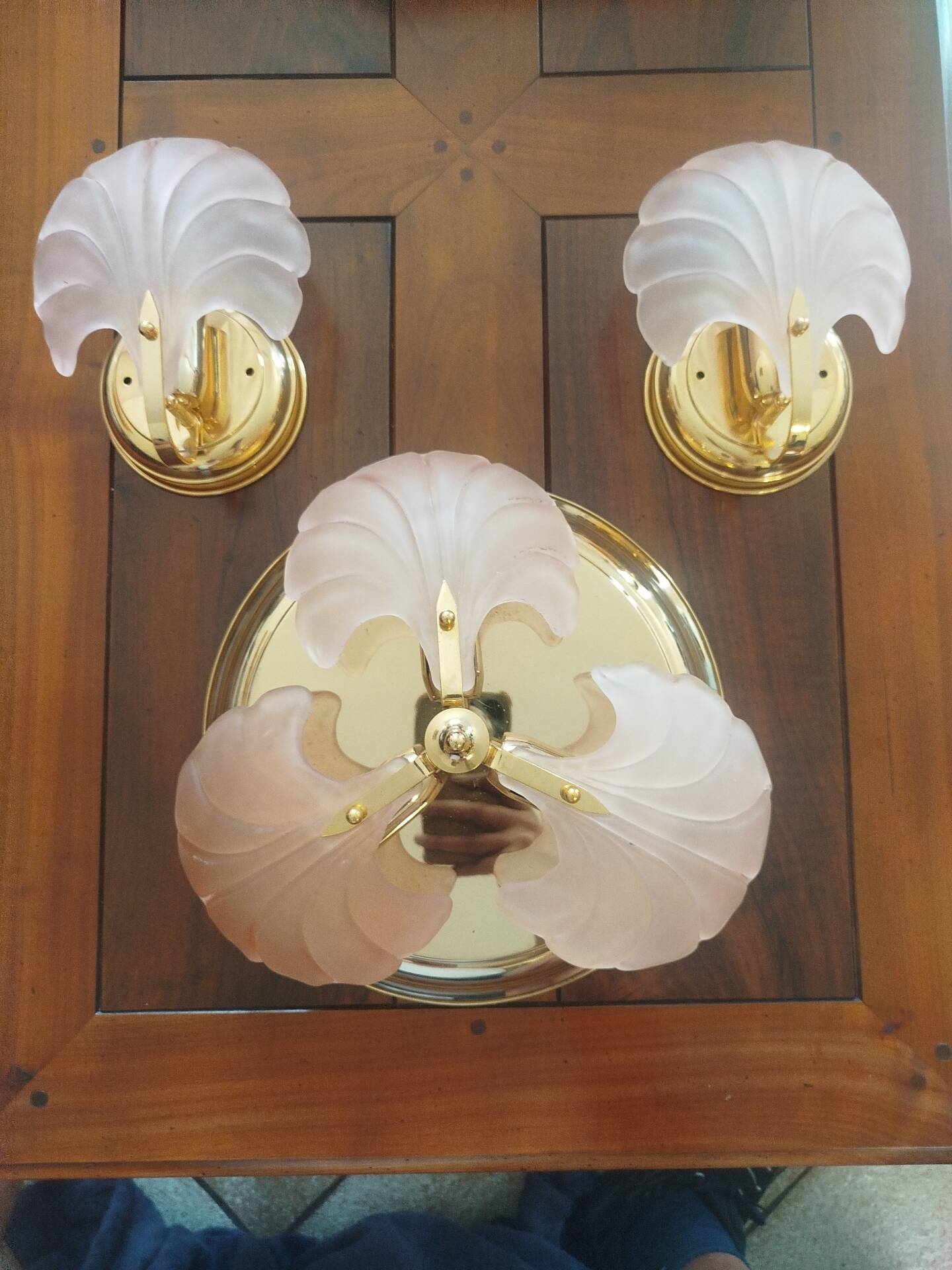Rare set of wall sconces and shell ceiling light.
