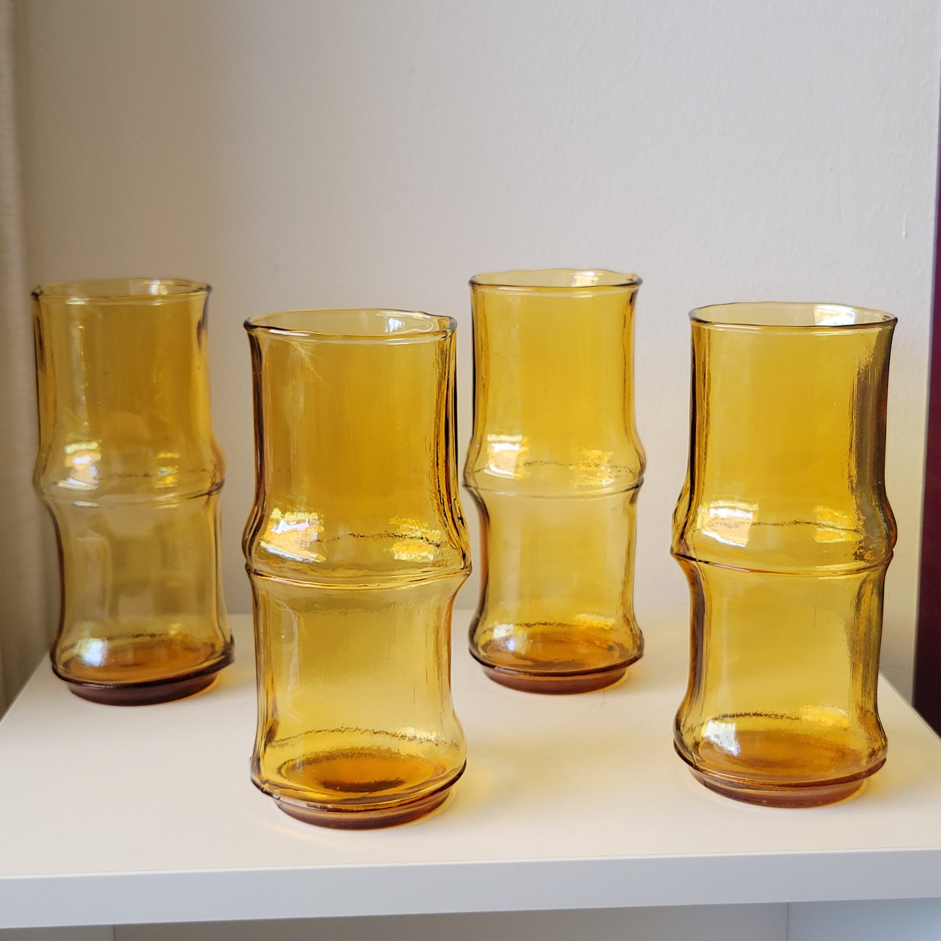 4 vintage orangeade glasses in yellow glass in the shape of bamboo