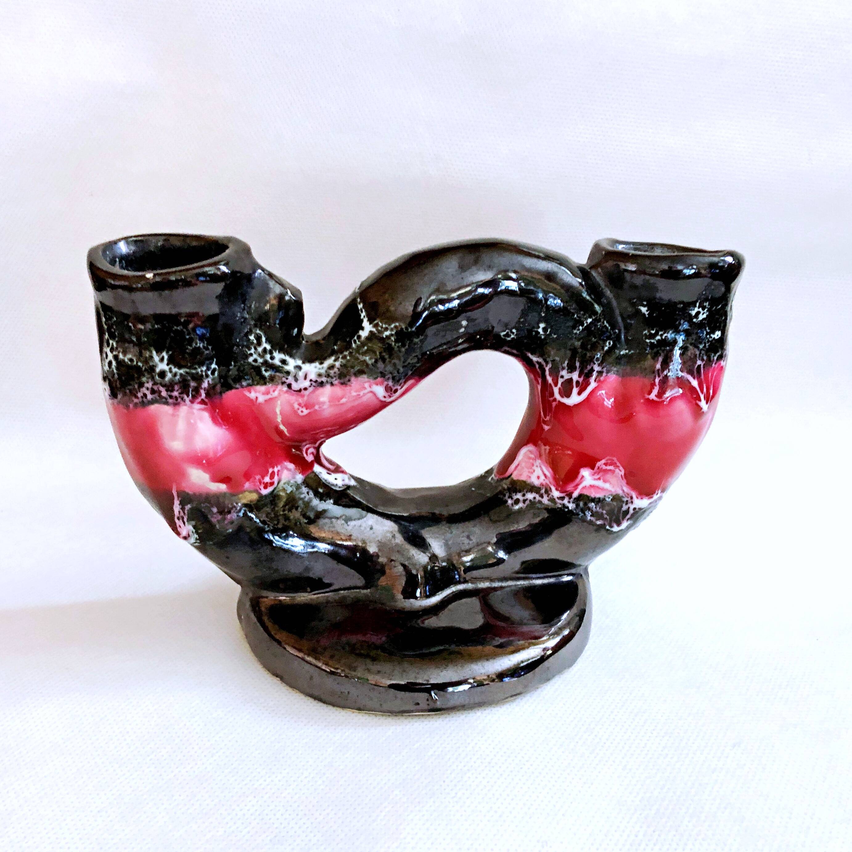 Vintage artisanal two-tone earthenware candle holder Vallauris France