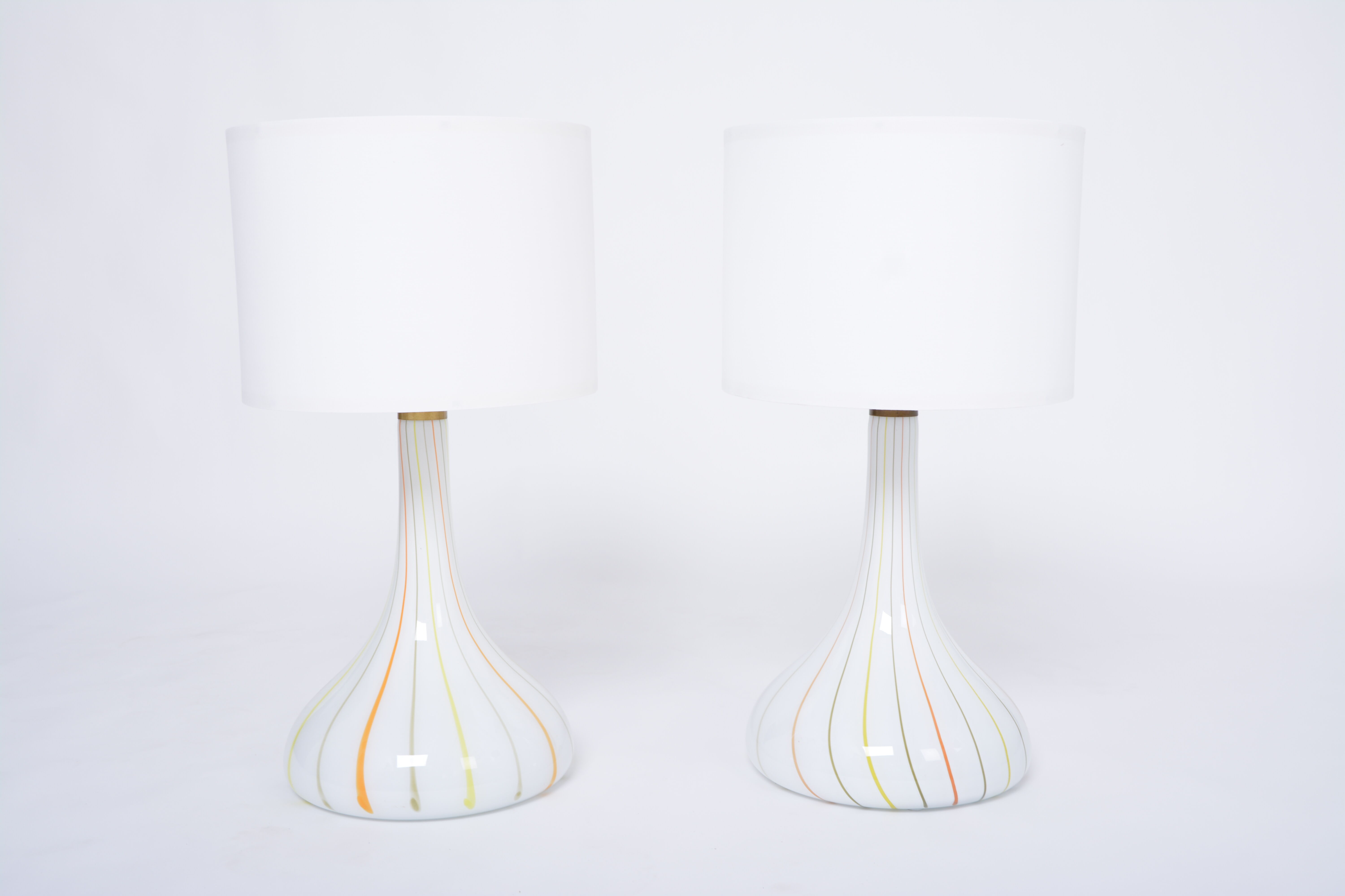 Pair of 1970s tall White Glass Table Lamps model "Candy" by Holmegaard