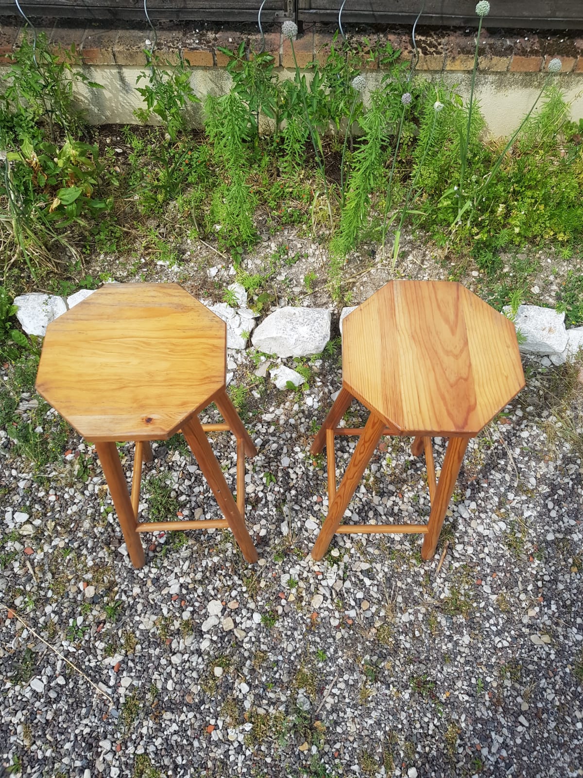 Pair wooden top stool seated bar hexagonal vintage
