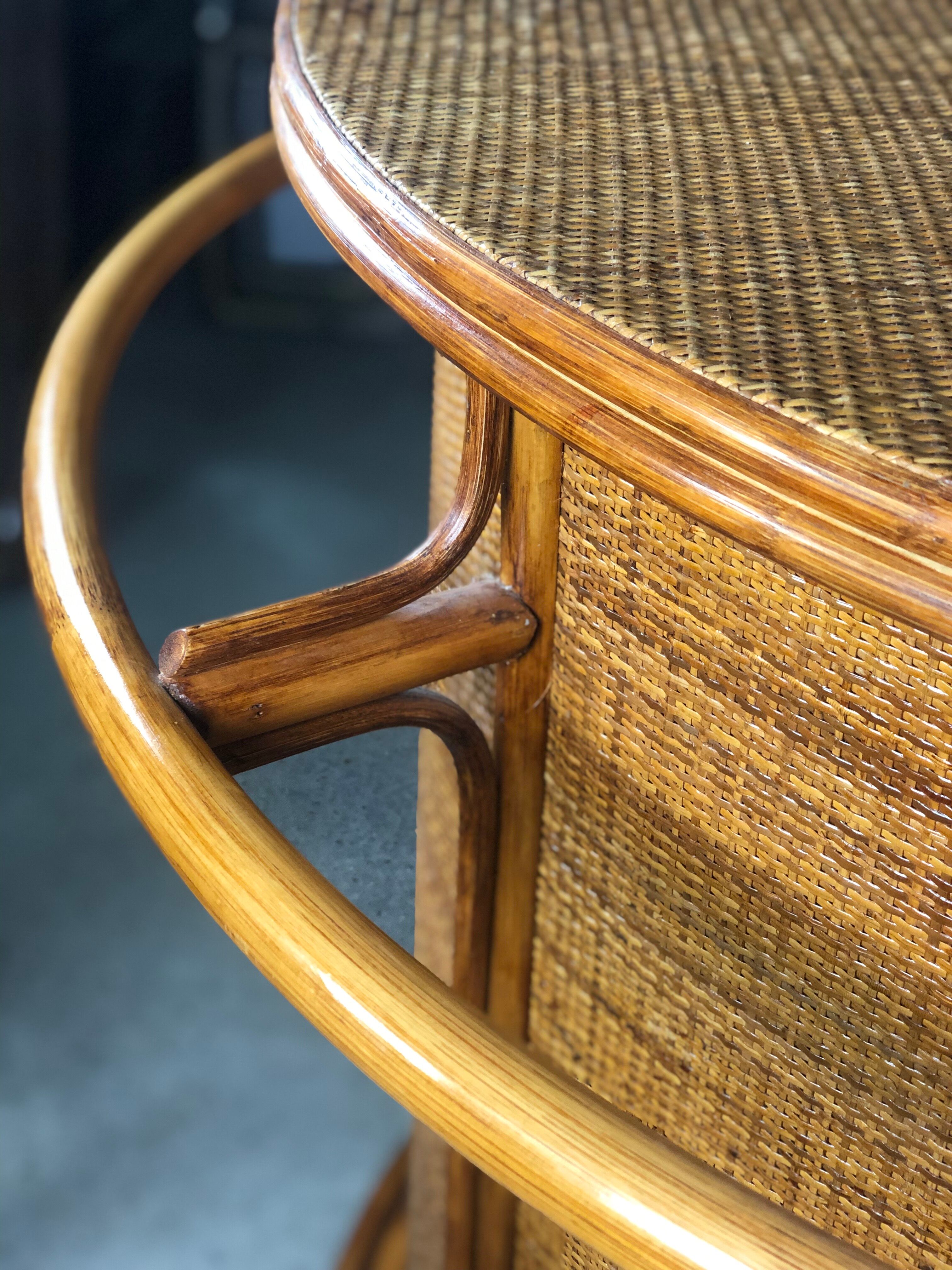 Bar and its 3 vintage stools in rattan and bamboo 1960'S