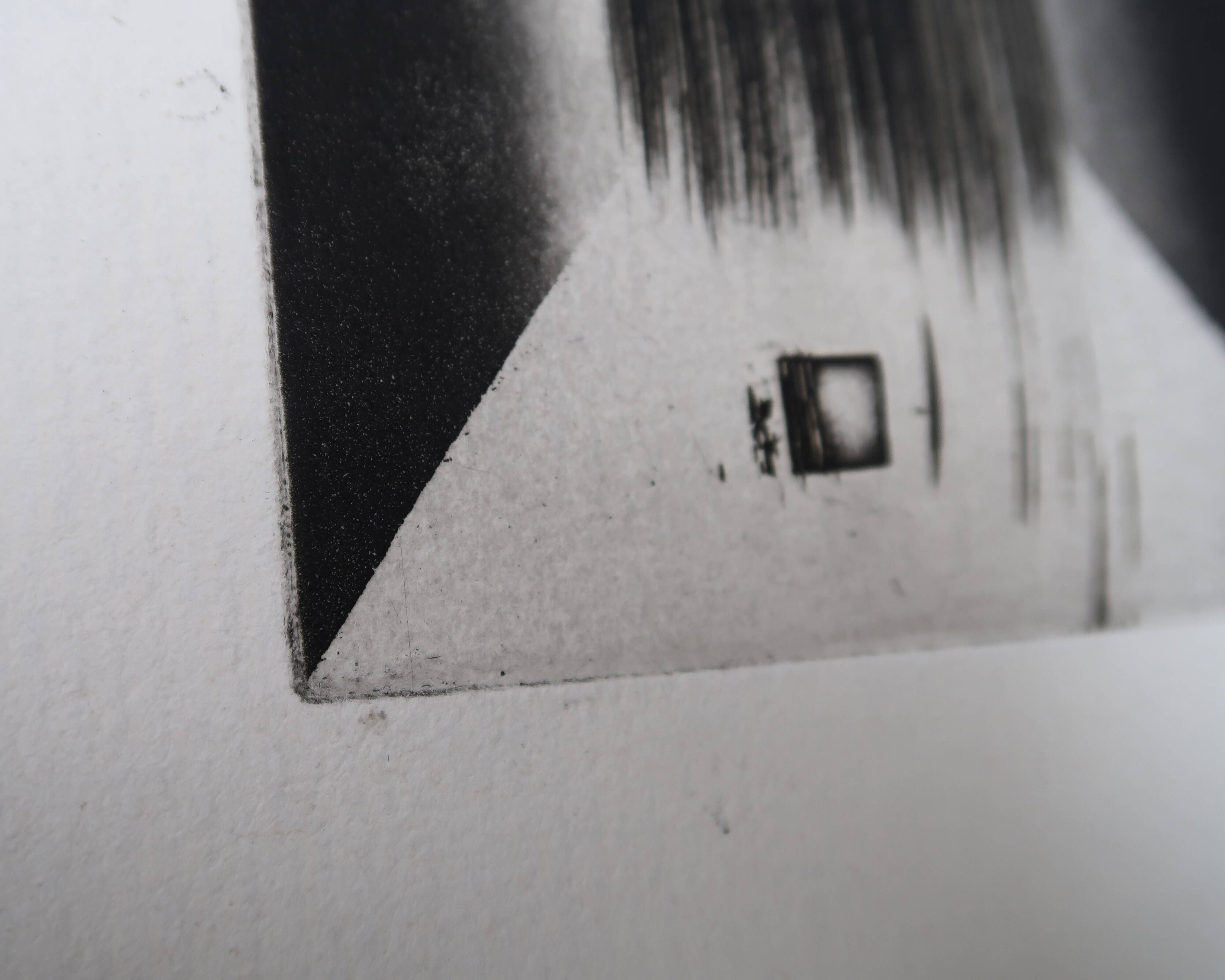 Minimalist abstract engraving in black and white by Terry Haass, 1960s.