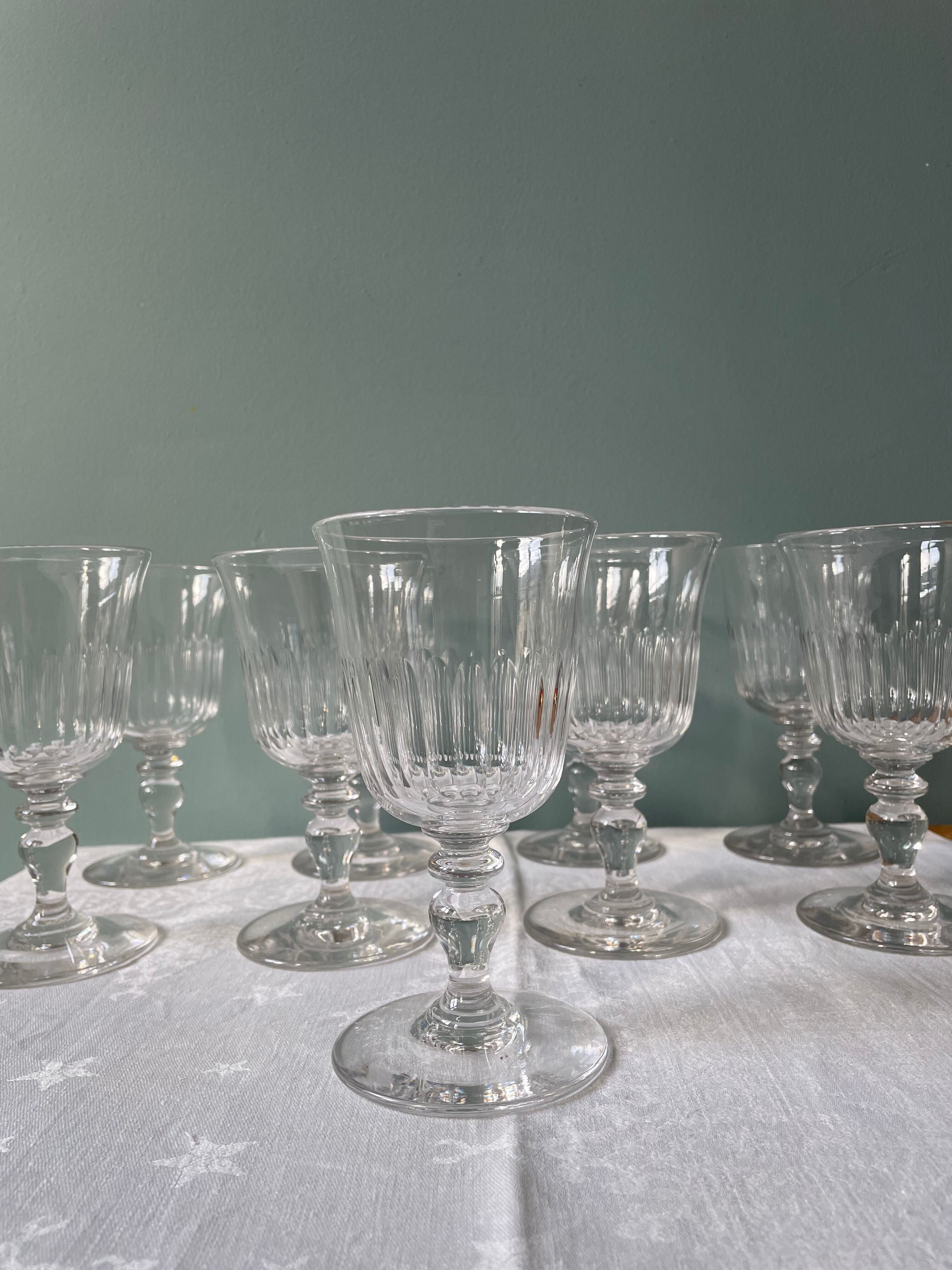 Set of 9 antique foot glasses in cut crystal