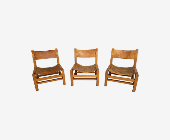 Lot de fauteuils orme et cuir Maison Regain