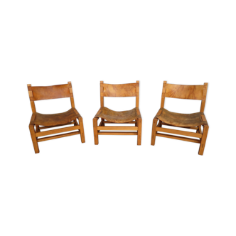 Lot de fauteuils orme et cuir Maison Regain