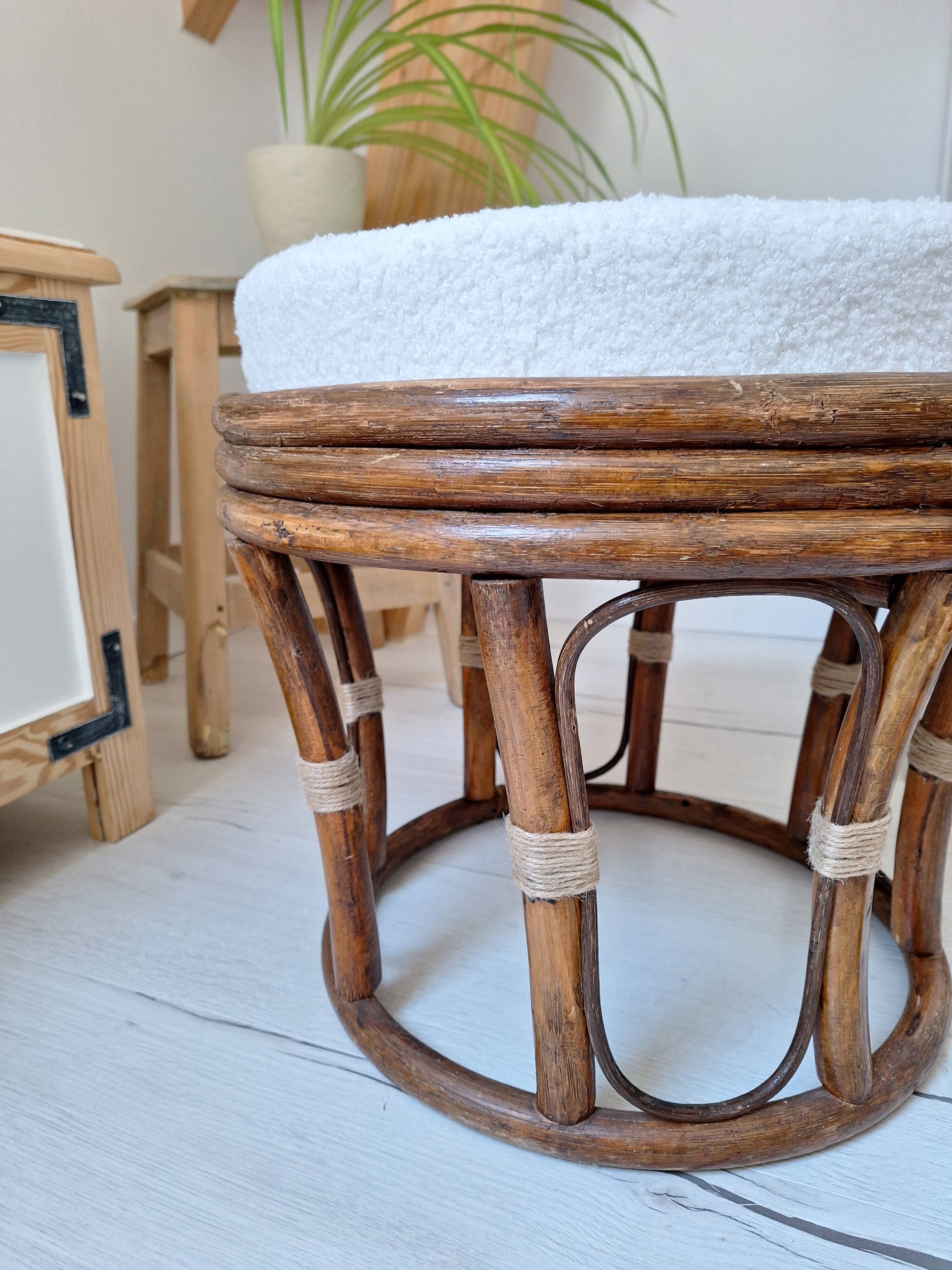 Rattan and boucle fabric pouf