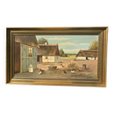 Vintage Oil Painting - Sunlit Farmyard with Chickens