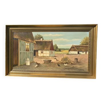 Peinture à l'huile vintage - Cour de ferme ensoleillée avec des poules