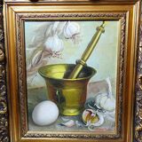 Still life with garlic, egg, and mortar signed Sarpe, 1979, oil on canvas.