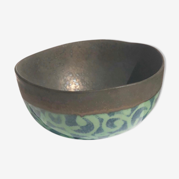 Craft ceramic salad bowl enamelled bronze green