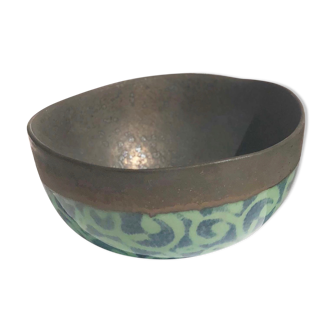 Craft ceramic salad bowl enamelled bronze green