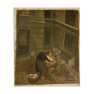 La lavandière huile sur toile XXe