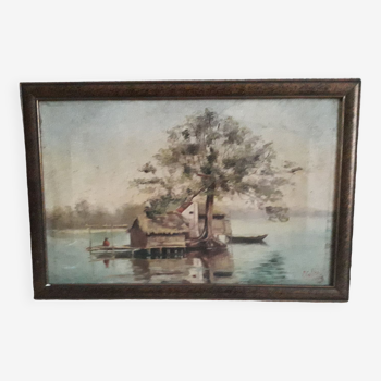 Old oil painting depicting a lake landscape