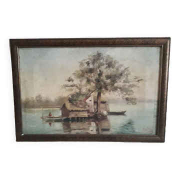 Old oil painting depicting a lake landscape
