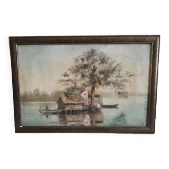 Old oil painting depicting a lake landscape