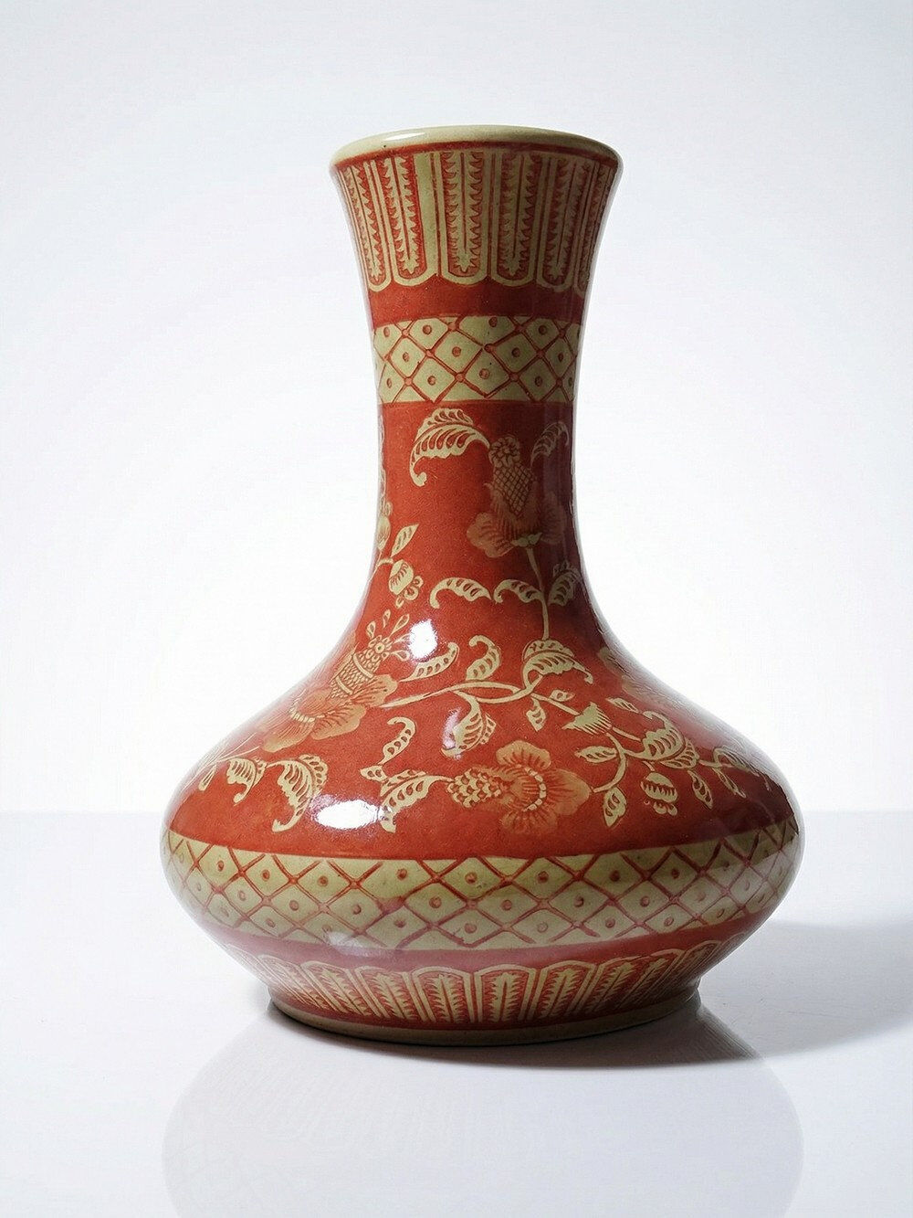 20th century Chinese vase, hand-painted ceramic in an unusual red hue.