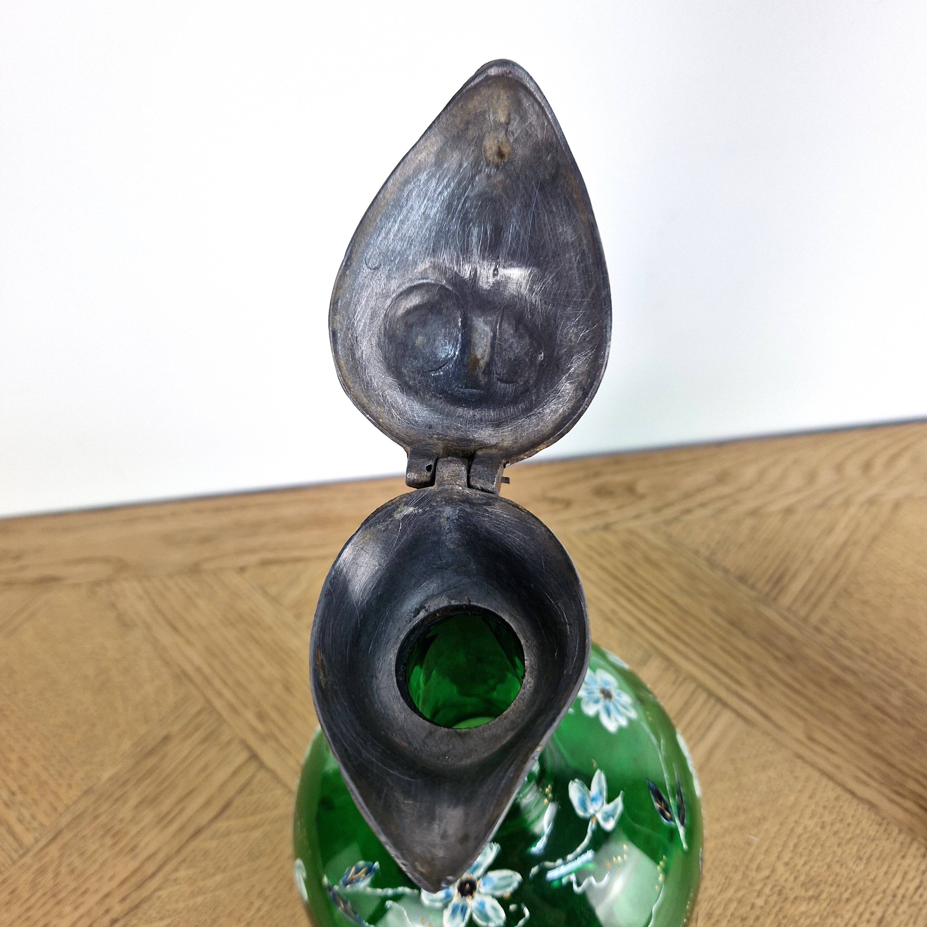 Antique Art Nouveau carafe - Bird jug enamelled glass