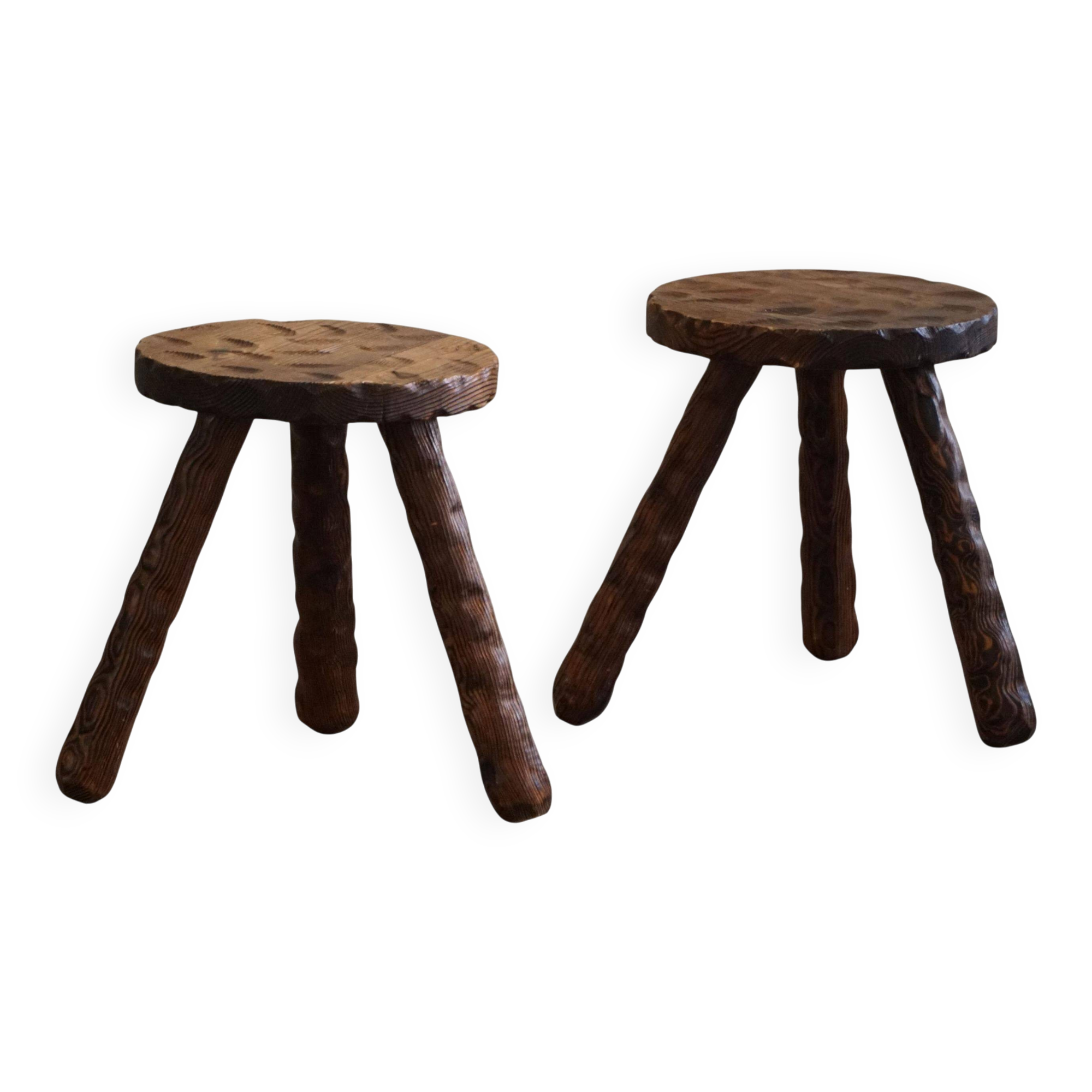 A pair of Wabi Sabi stools carved from pine, mid-century modern Swedish style, 1960s.
