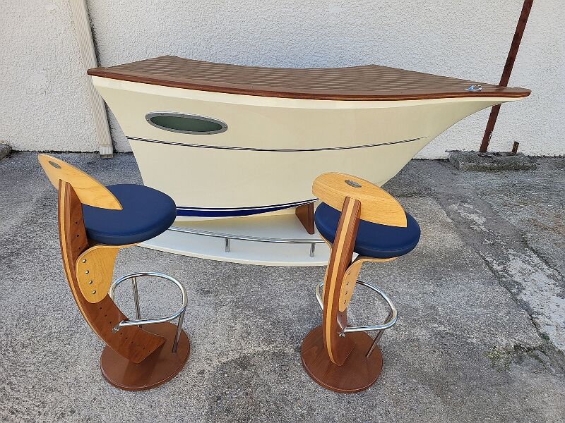 Bar or shop counter and 2 deck lina stools polyester boat hull