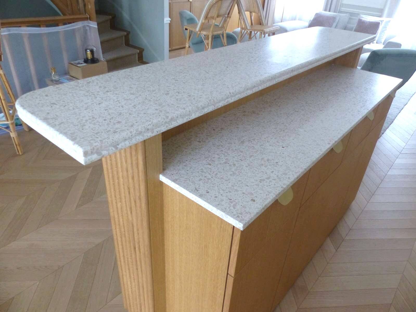 Contemporary bar in solid oak & double terrazzo top - Unique piece