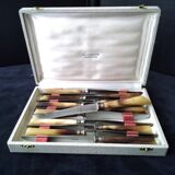 Box of 12 antique cheese or dessert knives in steel and bovine horn