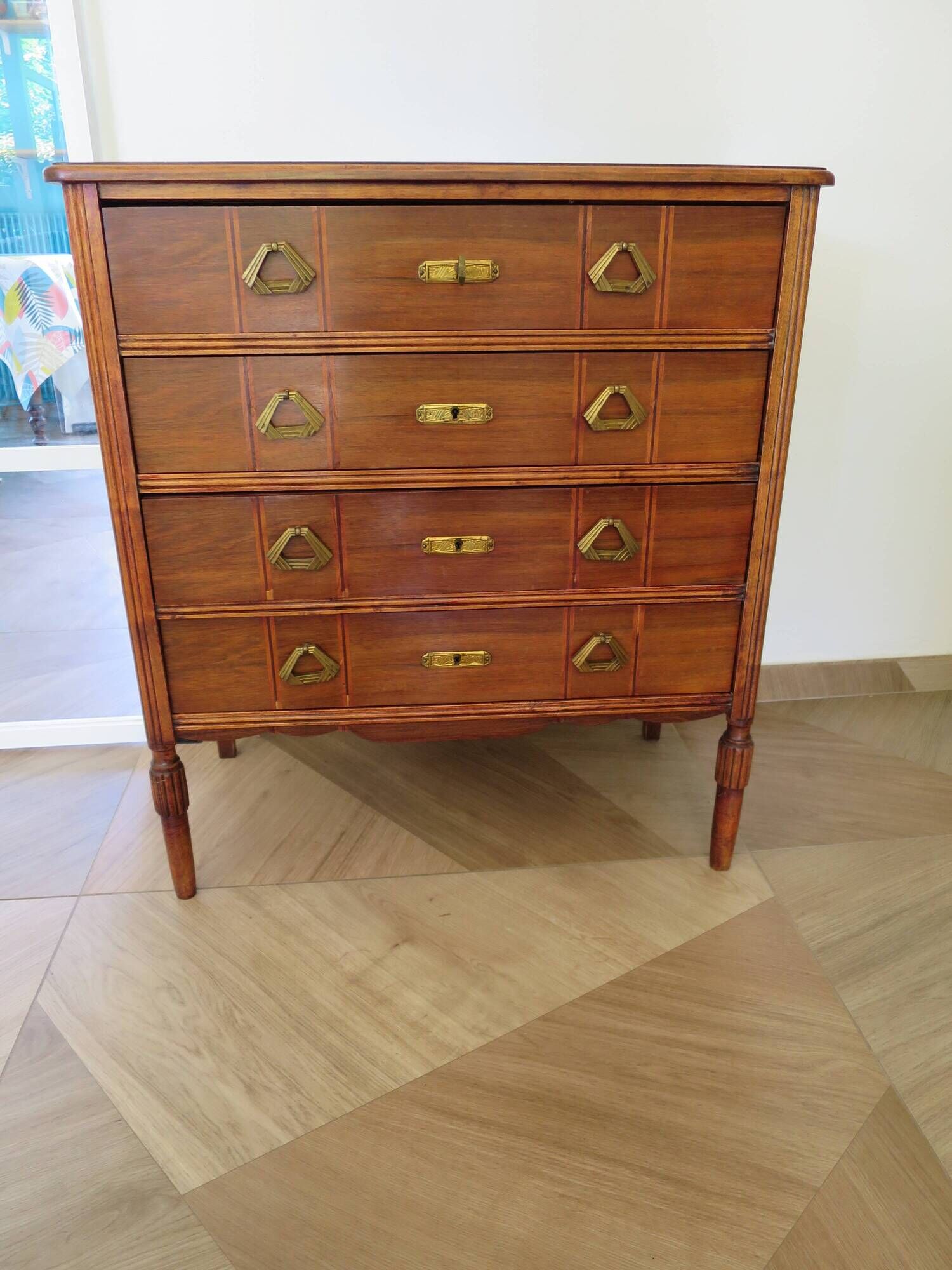 Art Deco chest of drawers - 4 drawers - locks - checkered wood veneer top - 50s