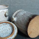 Duo of potter's pots covered in vintage glazed stoneware