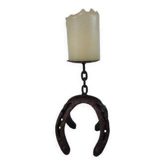 Old brutalist candle holder folk art double horseshoe wrought iron farmhouse atmosphere