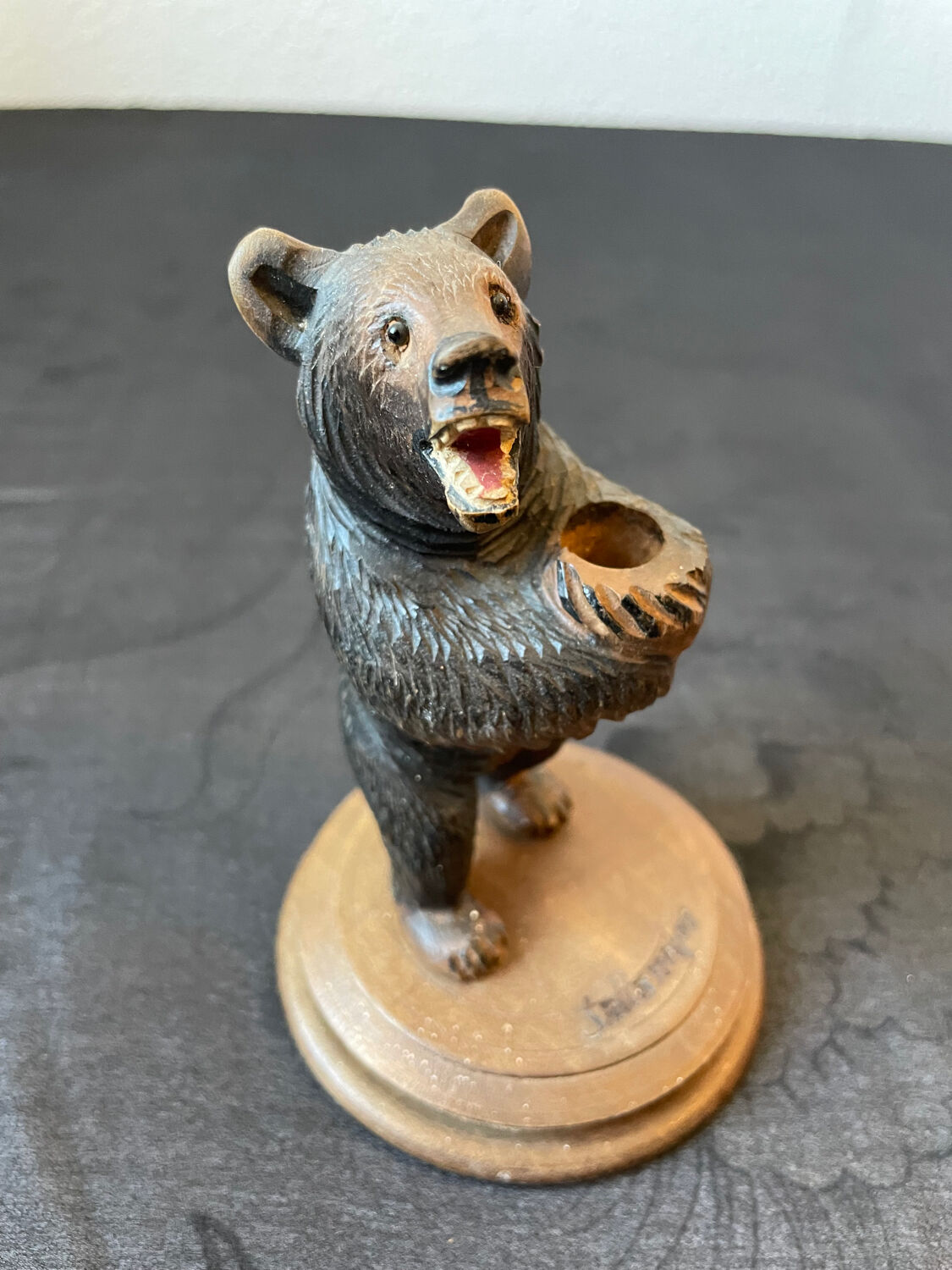 Carved wooden bear vase with black forest crystal soliflore Sallanches 19th century