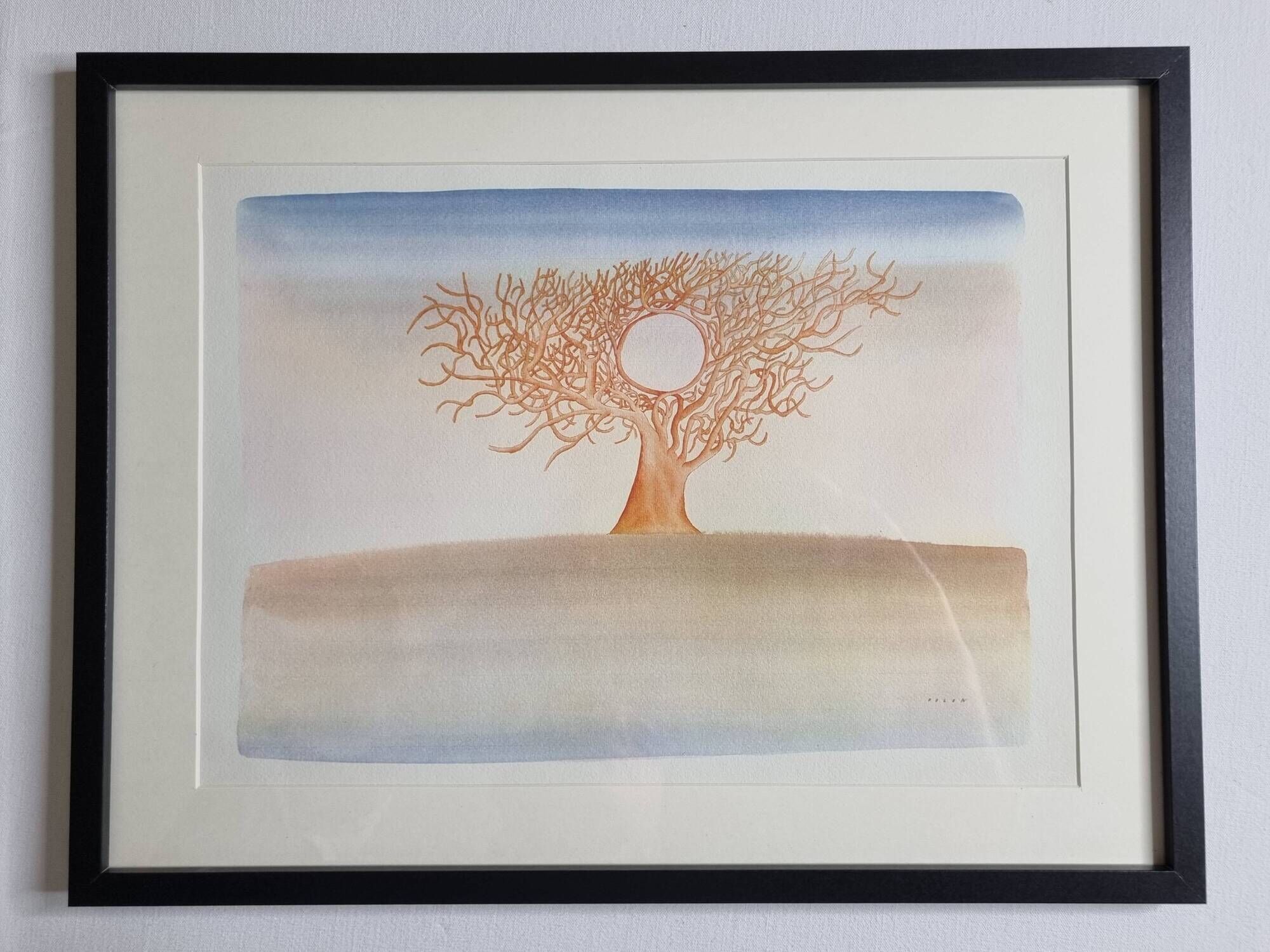 Vintage reproduction after “The Thinking Tree” by Folon, framed, 1974, 42 cm x 31 cm