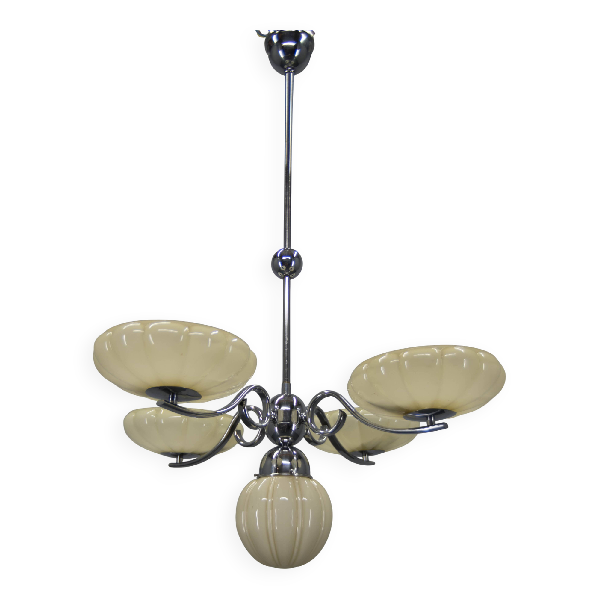 Art Deco Chrome and Glass Chandelier, 1930s