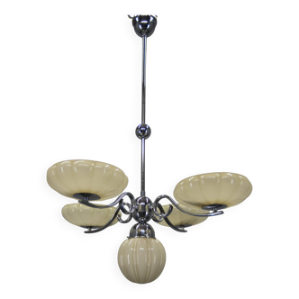 Art Deco Chrome and Glass Chandelier, 1930s