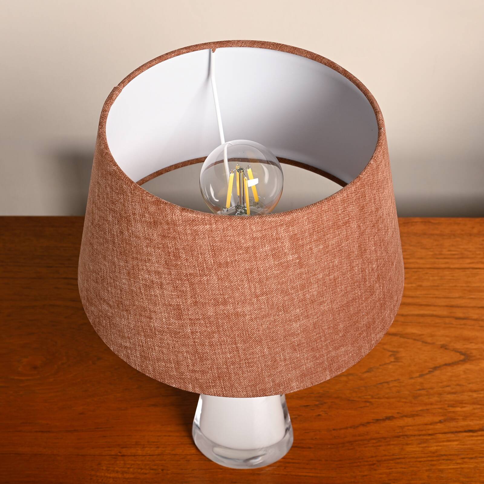 Carl Fagerlund white glass table lamps and dark ochre shades for Orrefors Sweden