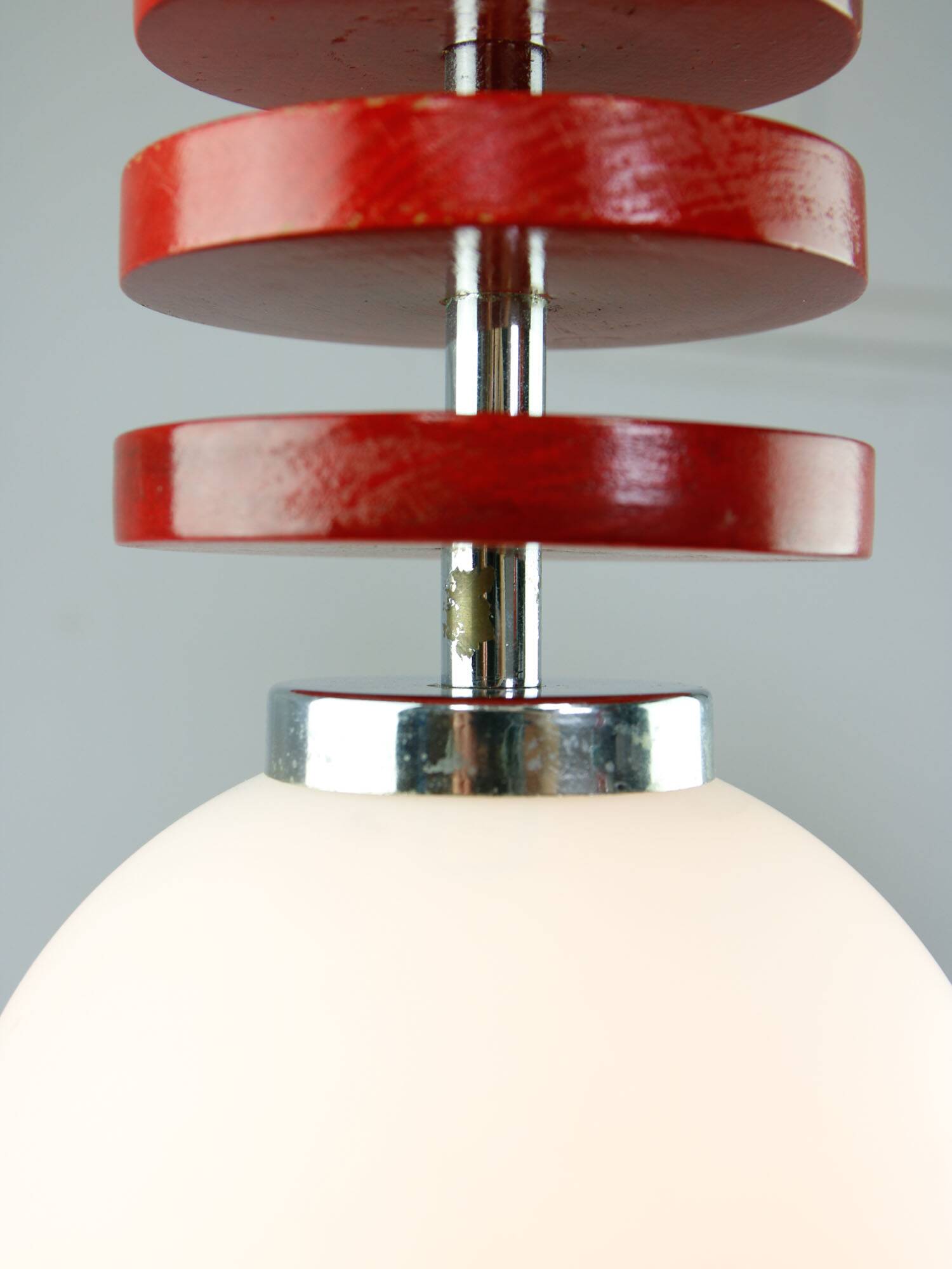 Vintage Italian Red Disc Pendant Lamp In Chrome and Wood, 1970s